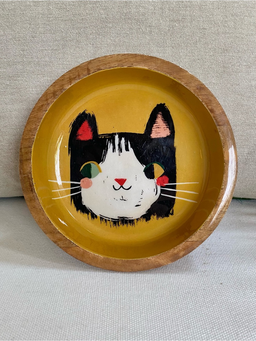 Danica Studio 2023 Meow Meow Mango Wood Lacquer Bowl Black White Cat Face 6”